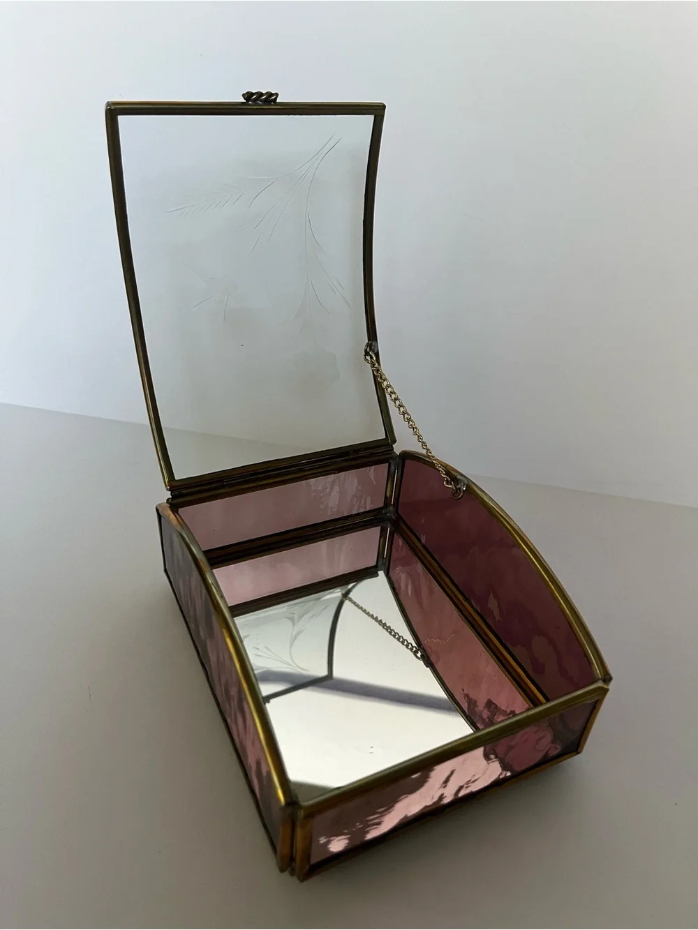 Vintage Brass Trinket Jewelry Box Etched Floral Purple Glass Curved Lid Romantic